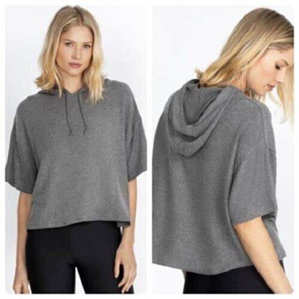 $128 Calme by Johnny Was Modern Grey Hooded Cozy Tee Ribbed Sweater Large NEW